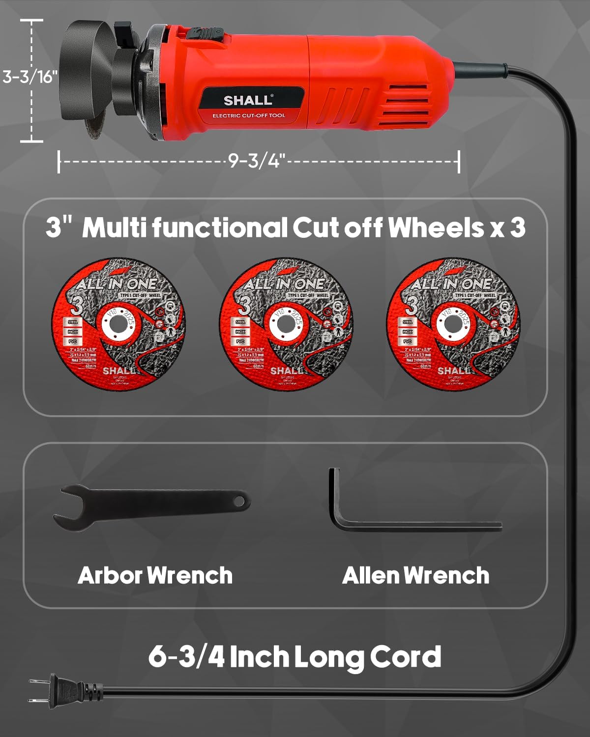 SHALL 3 Inch High-Speed Cut Off Tool, 3.5 Amp Metal Cutter Tool with 3Pcs Multifunctional Cut Off Wheels, 24000RPM Electricl Metal Cutting Tools for Steel, Inox - Image 9